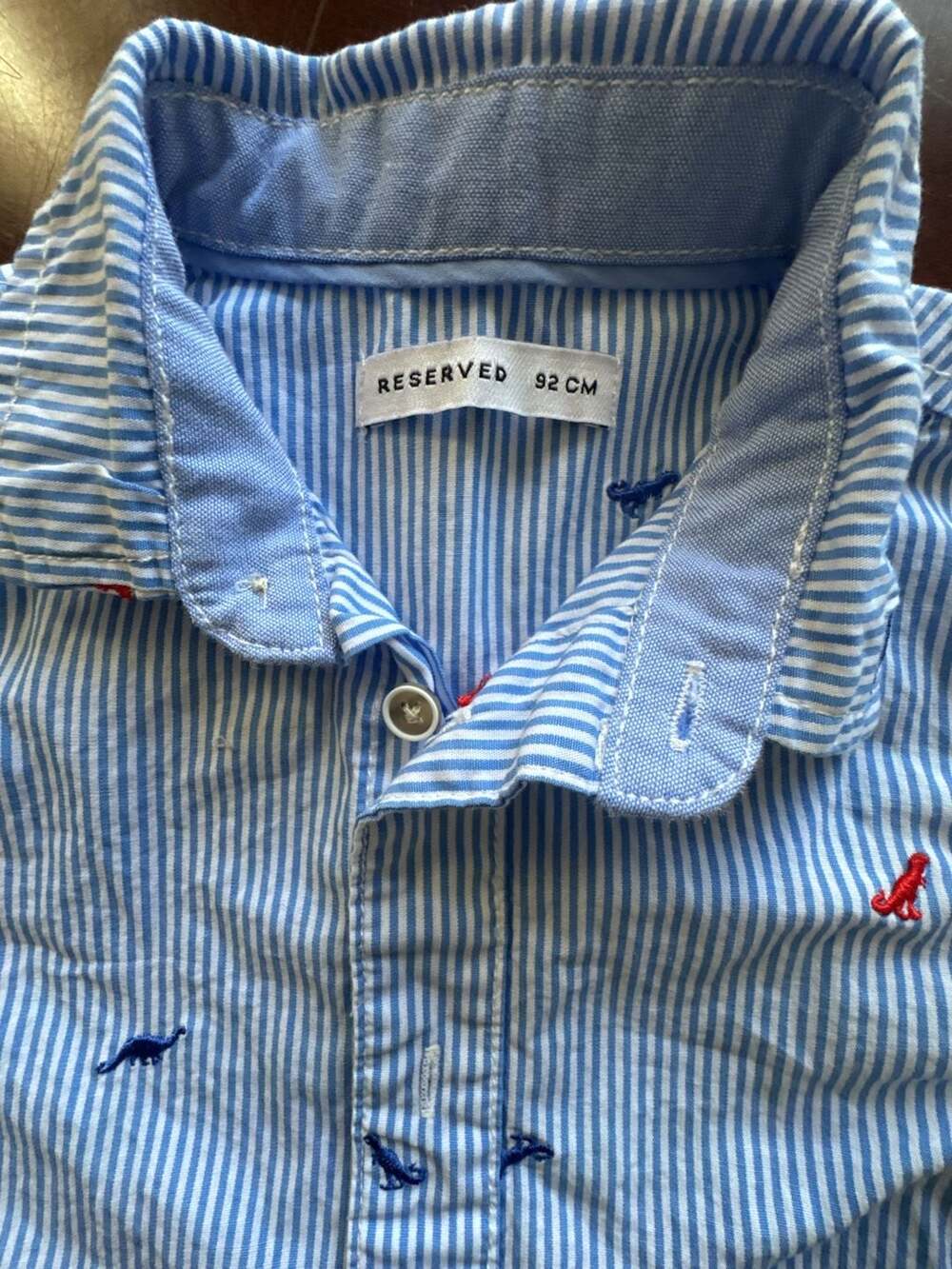 Reserved Blue and White Striped Dinosaur Embroidered Button Up Shirt Boys Size 9